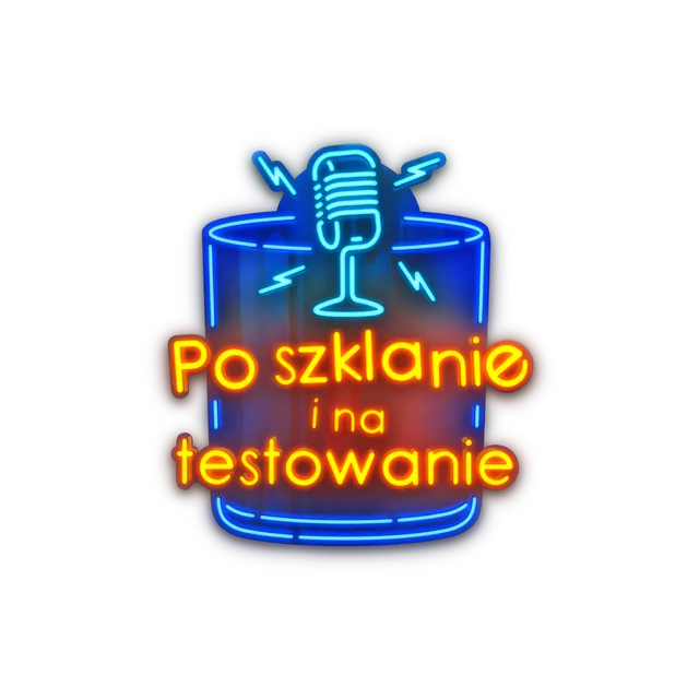 Neonowe logo podcastu Po szklanie i na testowanie: szklanka z mikrofonem